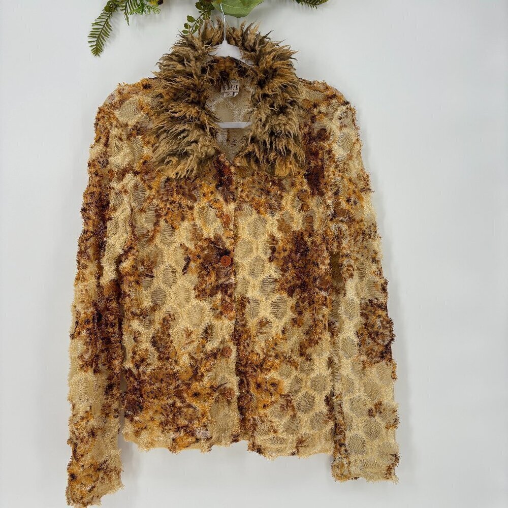 Vintage F.L. Malik Button Up Top Womens Size‎ XL Honey Comb Shag Collar USA RARE